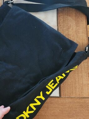 DKNY Jeans Black Canvas Crossbody Bag with Yellow Logo, Adjustable Strap